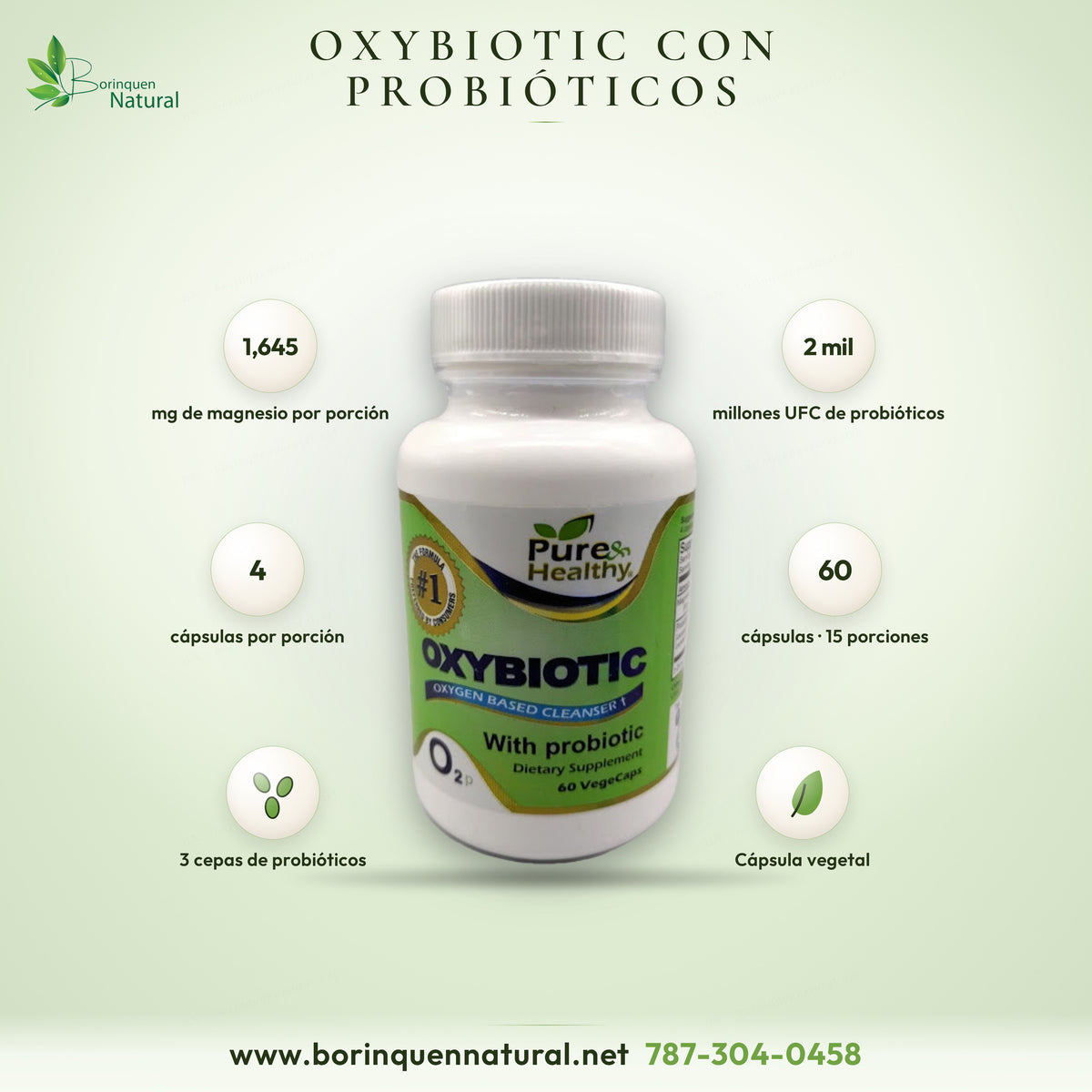 Oxybiotic Pure & Healthy con probióticos, óxido de magnesio, suplemento dietético, frasco de 60 cápsulas vegetales