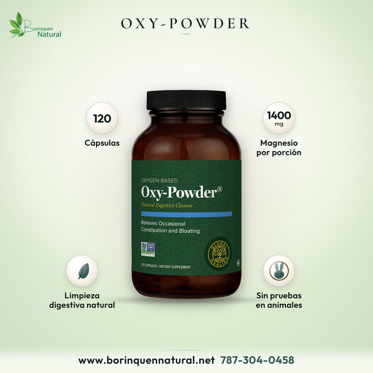 Oxy-Powder de Global Healing, 1400 mg de magnesio por porción, 120 cápsulas, limpieza digestiva natural