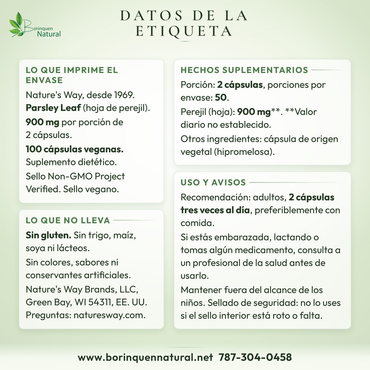 Datos de la etiqueta del perejil Nature's Way: hechos suplementarios, ingredientes, uso y avisos