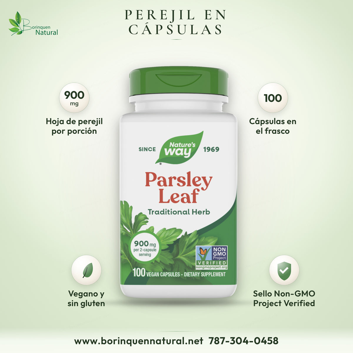 Hoja de perejil Nature's Way, 900 mg por porción de 2 cápsulas, frasco de 100 cápsulas veganas
