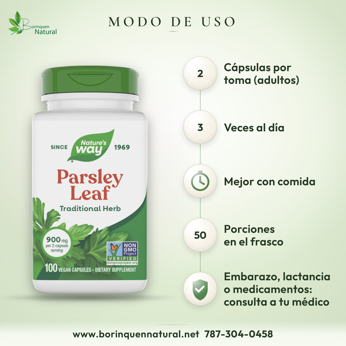 Modo de uso del perejil Nature's Way: adultos, 2 cápsulas tres veces al día, preferiblemente con comida
