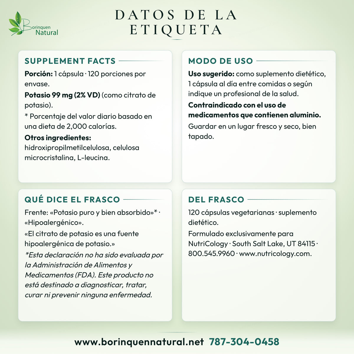Datos de la etiqueta del Potassium Citrate NutriCology: Supplement Facts, otros ingredientes, modo de uso y contraindicación