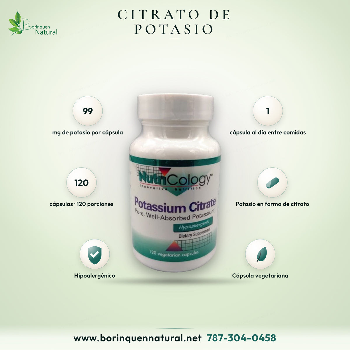 Potassium Citrate NutriCology, citrato de potasio hipoalergénico, suplemento dietético, frasco de 120 cápsulas vegetarianas