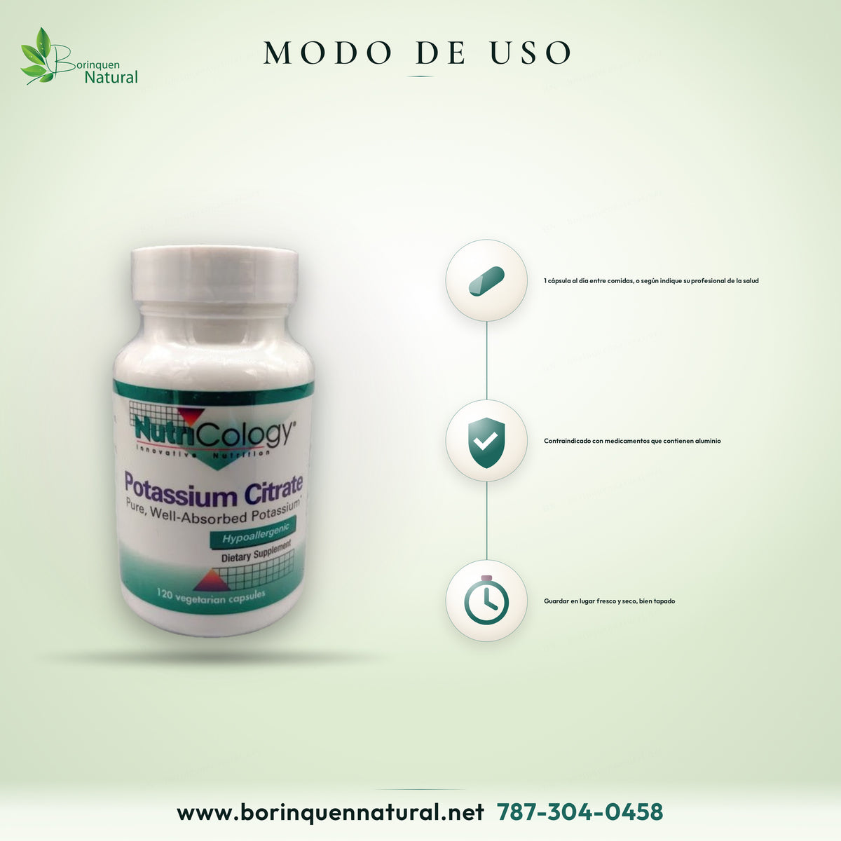 Modo de uso del Potassium Citrate NutriCology: 1 cápsula al día entre comidas