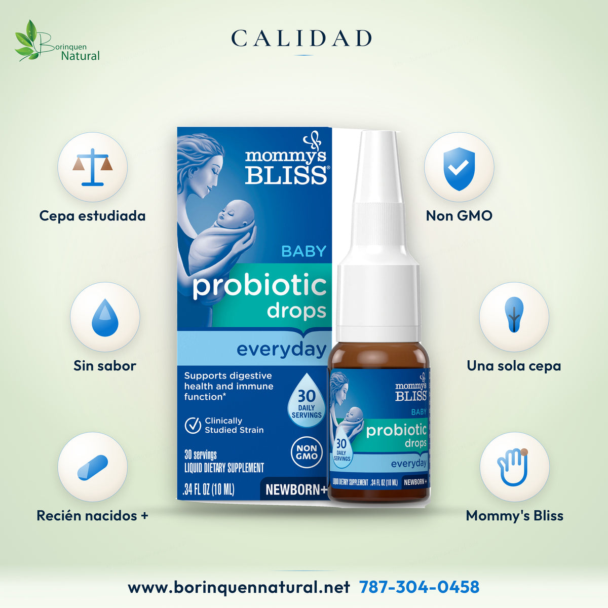 Gotas probióticas Mommy's Bliss con cepa clínicamente estudiada, sin transgénicos y sin sabor