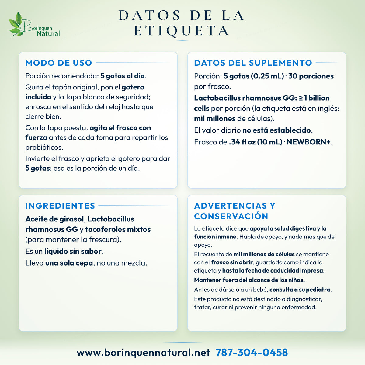 Datos de la etiqueta de las gotas probióticas: modo de uso, datos del suplemento, ingredientes y advertencias