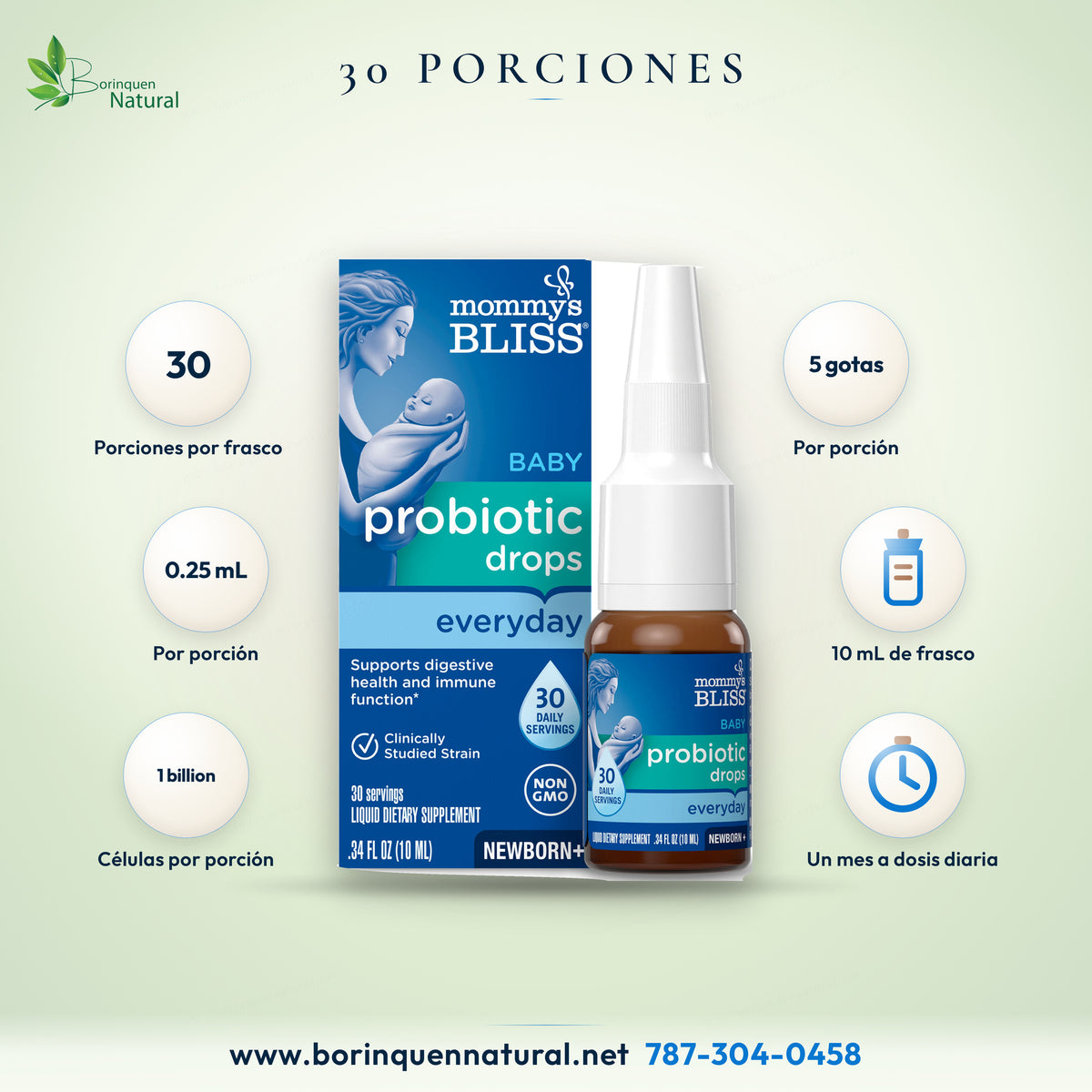Formato de las gotas probióticas: frasco de .34 fl oz con 30 porciones de cinco gotas cada una