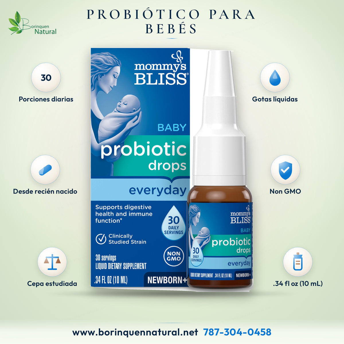 Probiotic Drops Everyday de Mommy's Bliss, gotas probióticas para bebés desde recién nacidos, 30 porciones diarias, frasco de .34 fl oz