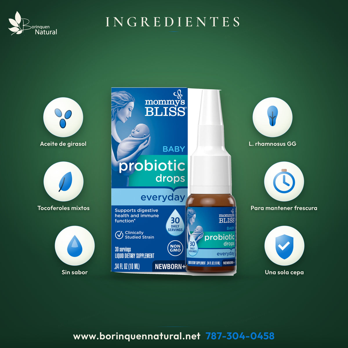 Ingredientes de las gotas probióticas: aceite de girasol, Lactobacillus rhamnosus GG y tocoferoles mixtos