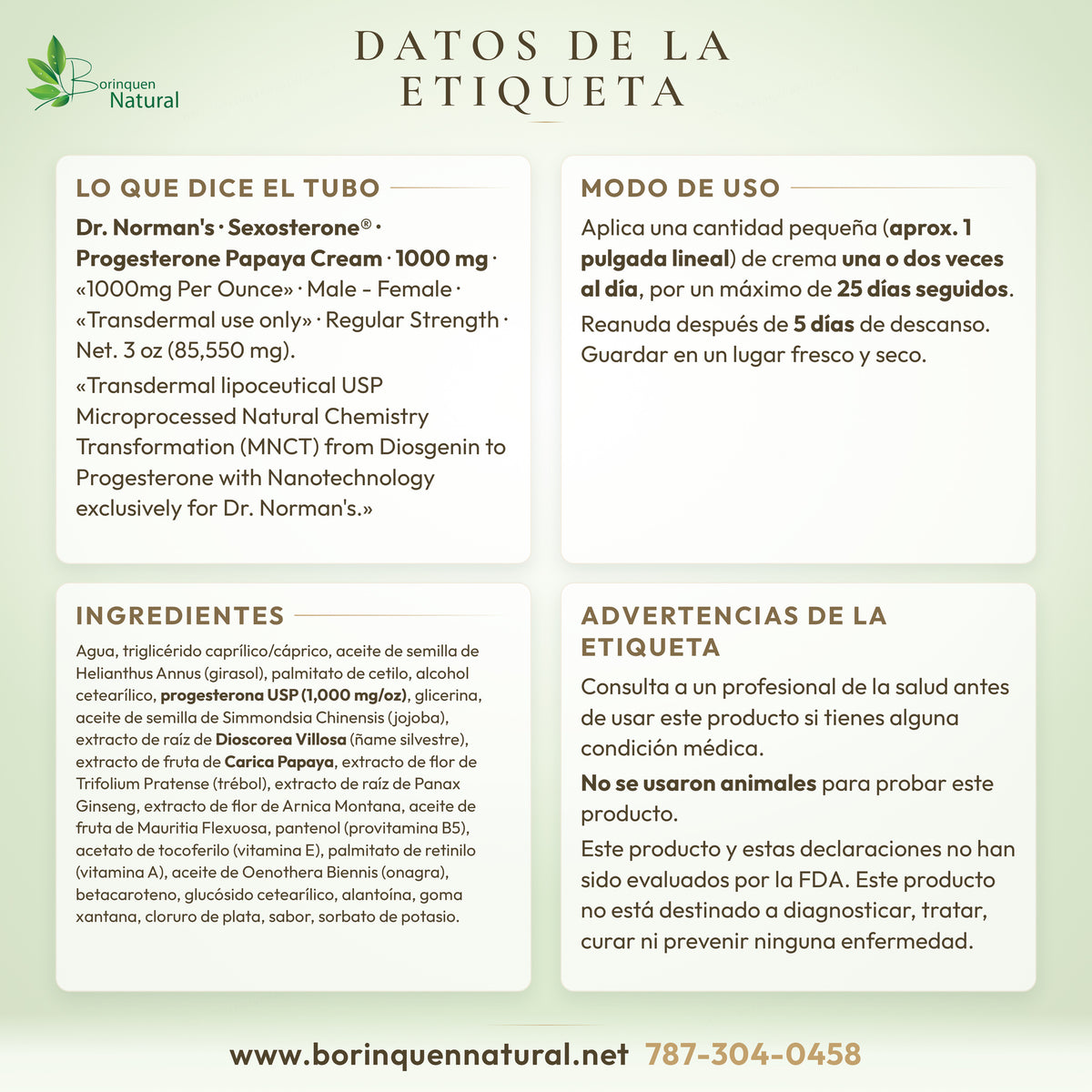 Datos de la etiqueta de la crema de progesterona Papaya de Dr. Norman's: concentración, modo de uso, ingredientes y advertencias