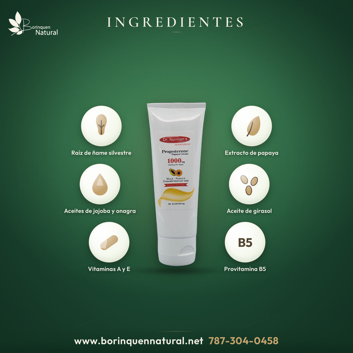Ingredientes de la crema de progesterona Papaya: ñame silvestre, papaya, jojoba, onagra, provitamina B5 y vitaminas A y E