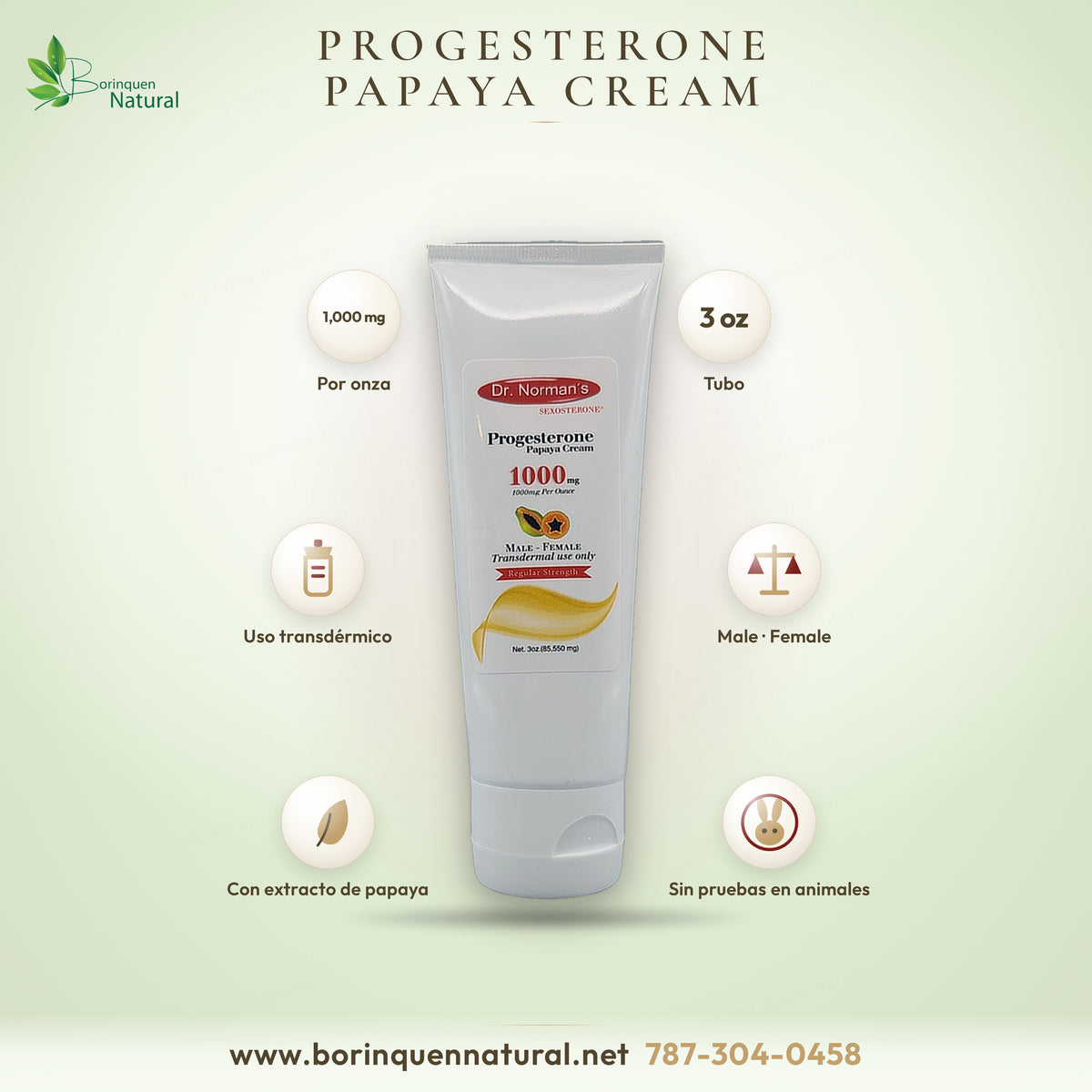 Crema de progesterona Papaya Cream de Dr. Norman's, 1000 mg por onza, tubo de 3 oz de uso transdérmico, male-female