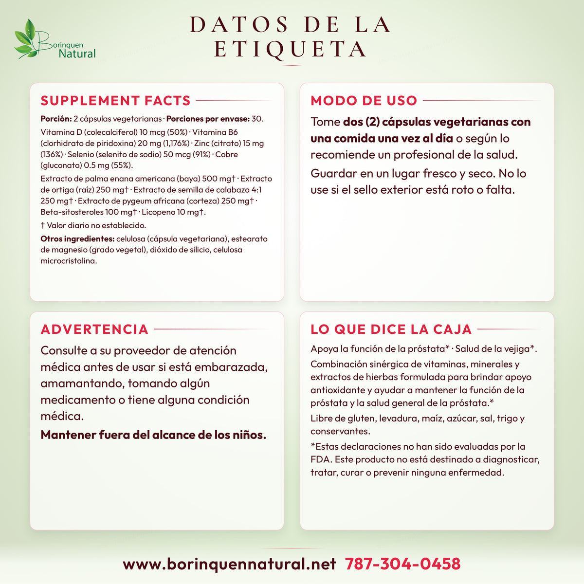 Datos de la etiqueta de Prostate Wellness: Supplement Facts, modo de uso, advertencias y lo que dice la caja