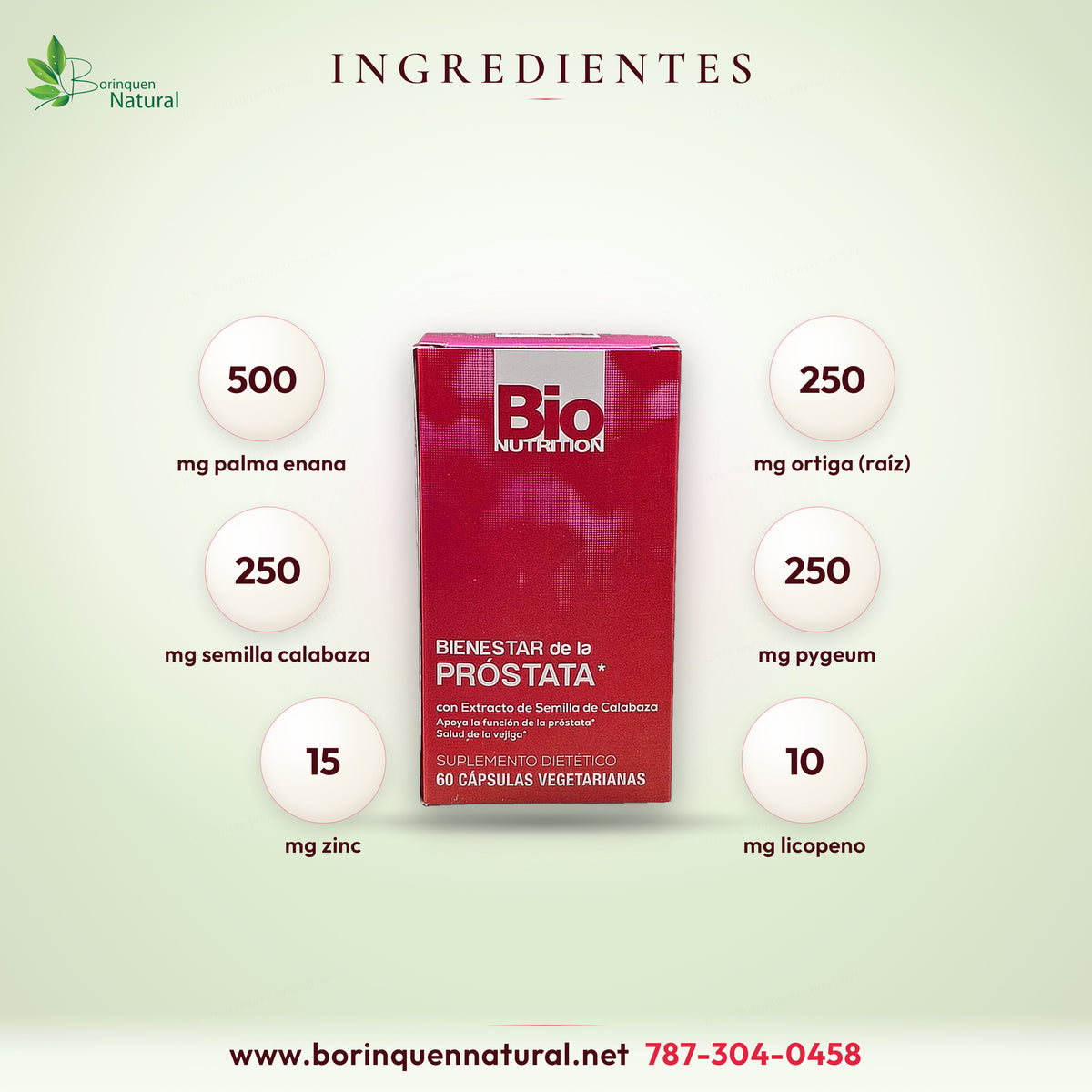 Ingredientes de Prostate Wellness por porción de 2 cápsulas: palma enana americana, ortiga, semilla de calabaza, pygeum africana, zinc y licopeno