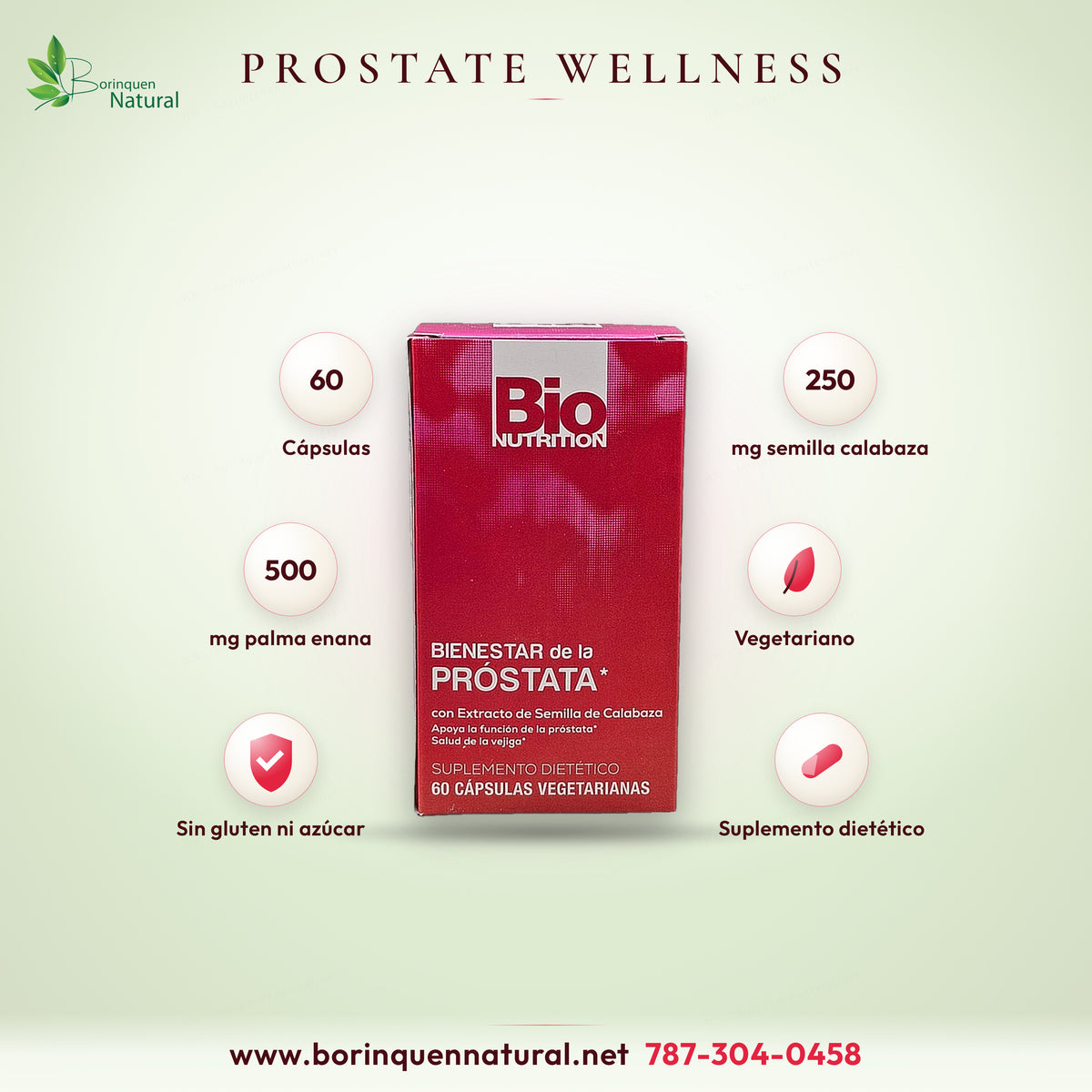 Bienestar de la Próstata (Prostate Wellness) de Bio Nutrition con extracto de semilla de calabaza, suplemento dietético en 60 cápsulas vegetarianas