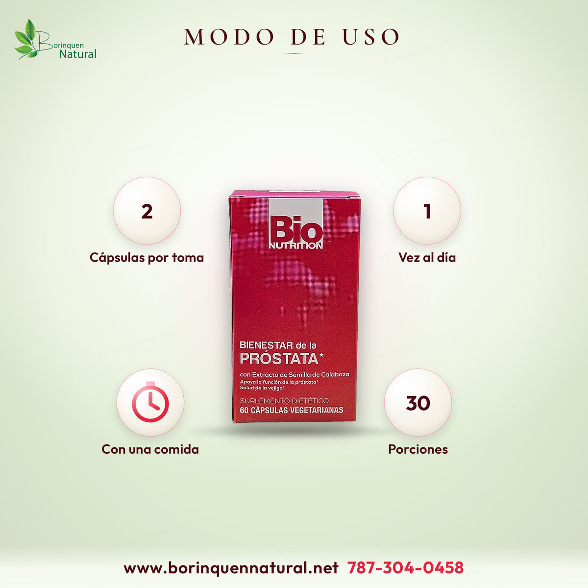 Modo de uso de Prostate Wellness: tomar dos cápsulas vegetarianas con una comida una vez al día; 30 porciones por caja
