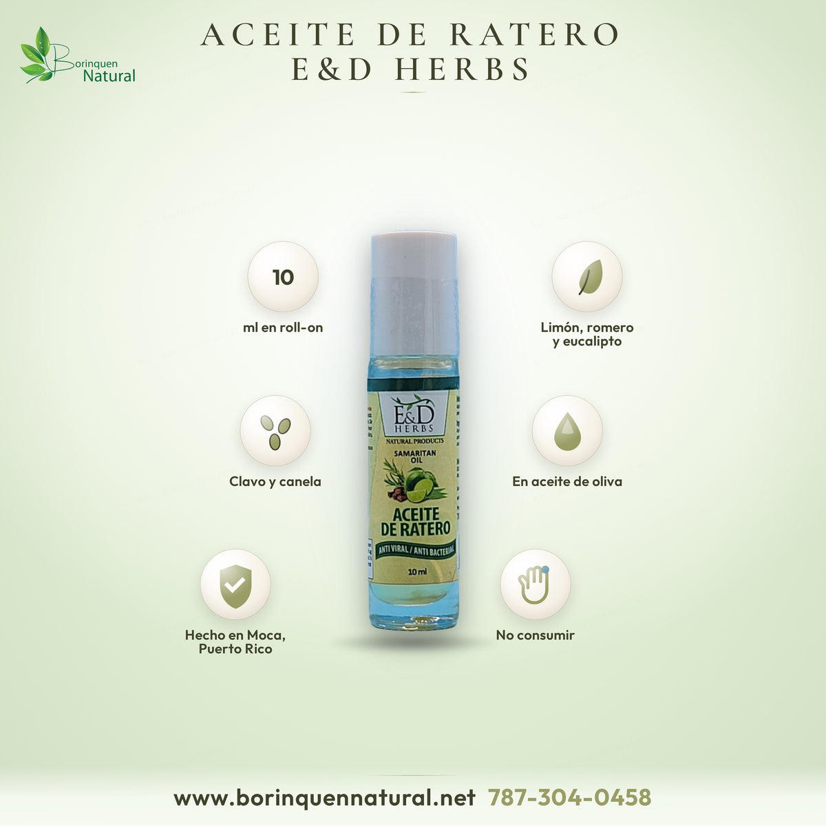 Aceite de Ratero (Samaritan Oil) de E&D Herbs en roll-on de 10 ml, con aceites de limón, romero, eucalipto, clavo y canela