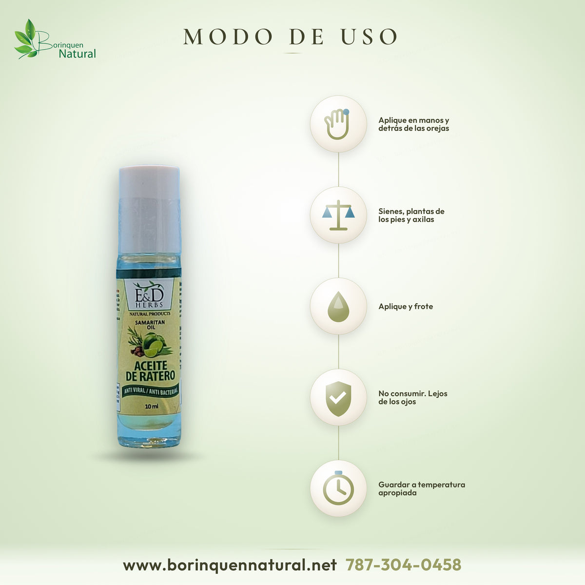 Modo de uso del Aceite de Ratero roll-on: aplicar en manos, detrás de las orejas, sienes, plantas de los pies y axilas