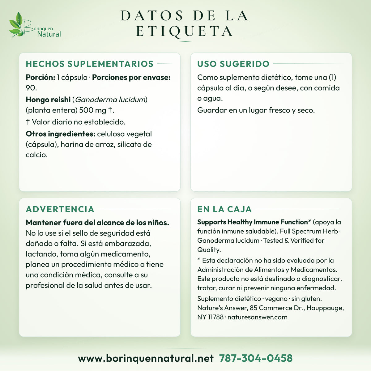 Datos de la etiqueta del Reishi de Nature's Answer: hechos suplementarios, uso y advertencia