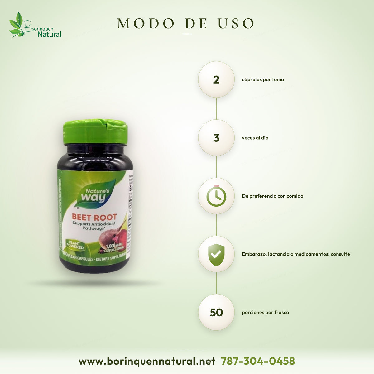 Modo de uso del Beet Root de Nature's Way: adultos, 2 cápsulas tres veces al día, de preferencia con comida