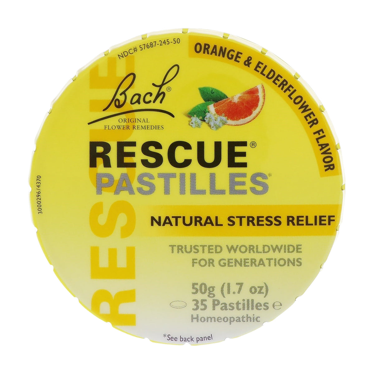 Lata de Rescue Pastilles de Bach, sabor naranja y flor de saúco, 50 g (35 pastillas), sobre fondo blanco