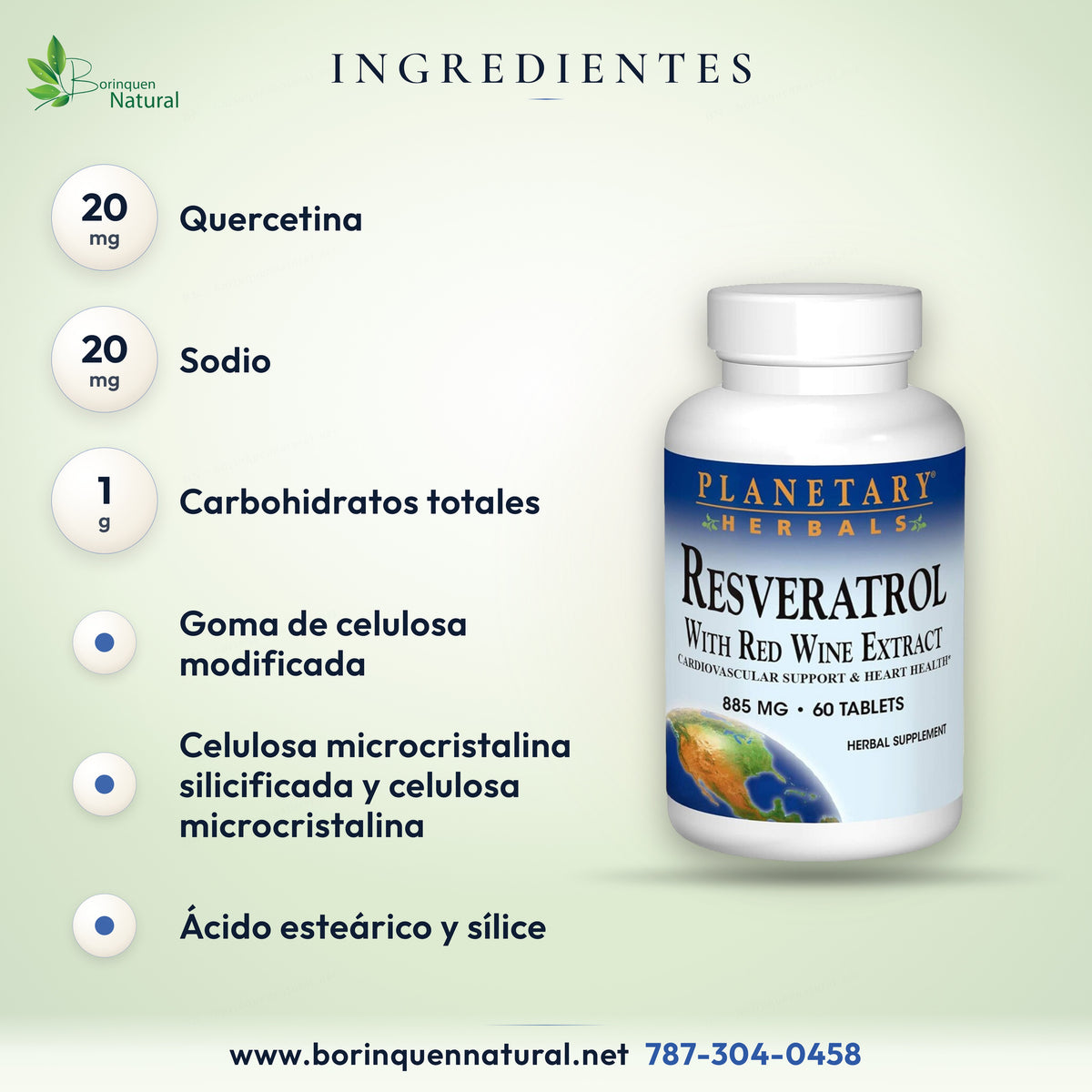 Más ingredientes del Resveratrol: 20 mg de quercetina, sodio, goma de celulosa, celulosa, ácido esteárico y sílice