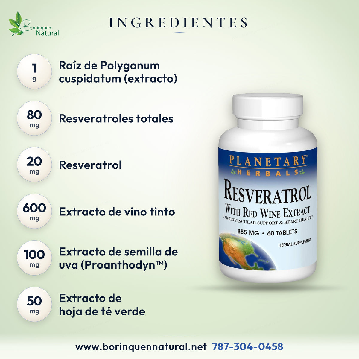 Ingredientes del Resveratrol por porción: 1 g de Polygonum cuspidatum, 80 mg de resveratroles, vino tinto, uva y té verde