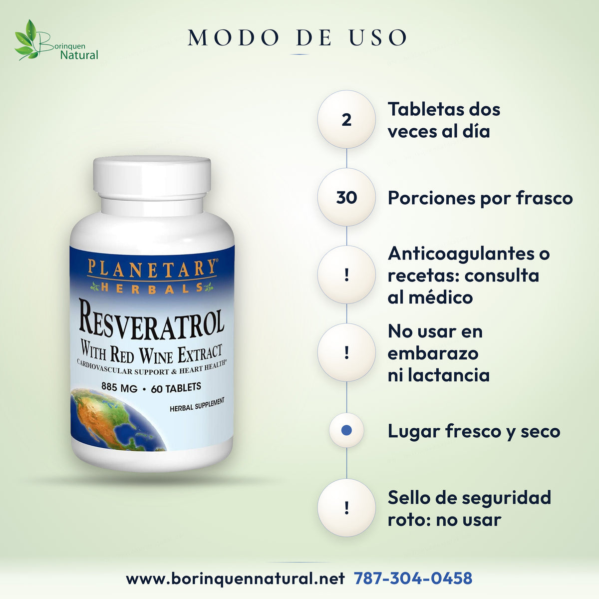 Modo de uso del Resveratrol de Planetary Herbals: 2 tabletas dos veces al día; con anticoagulantes, consulta al médico