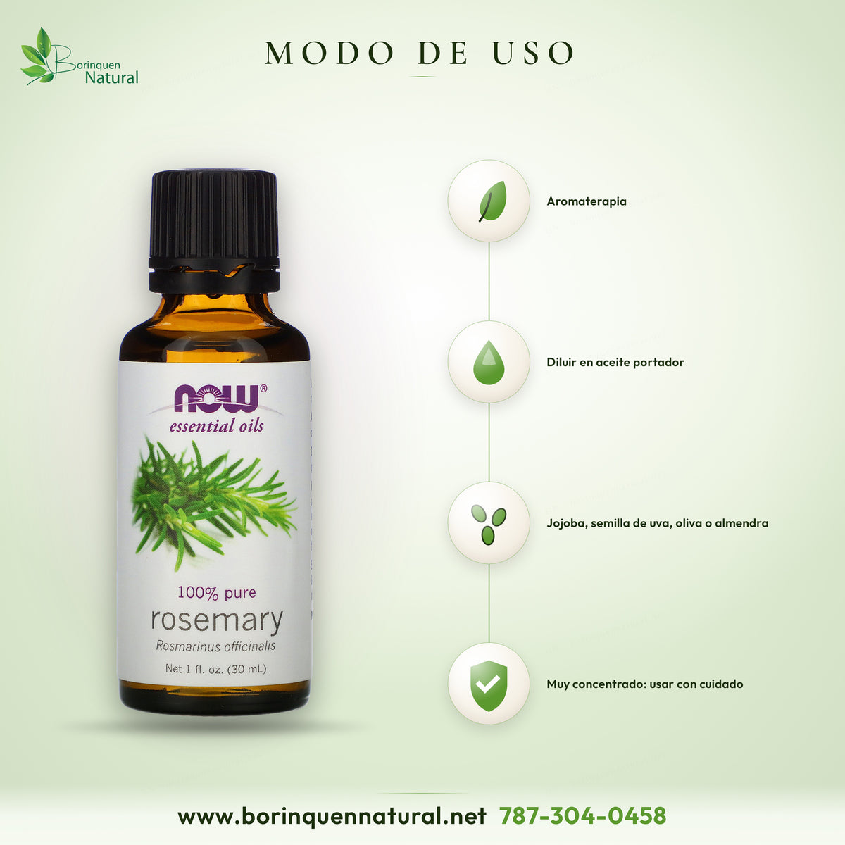Modo de uso del aceite de romero NOW: para aromaterapia; para otros usos diluir en aceite de jojoba, semilla de uva, oliva o almendra