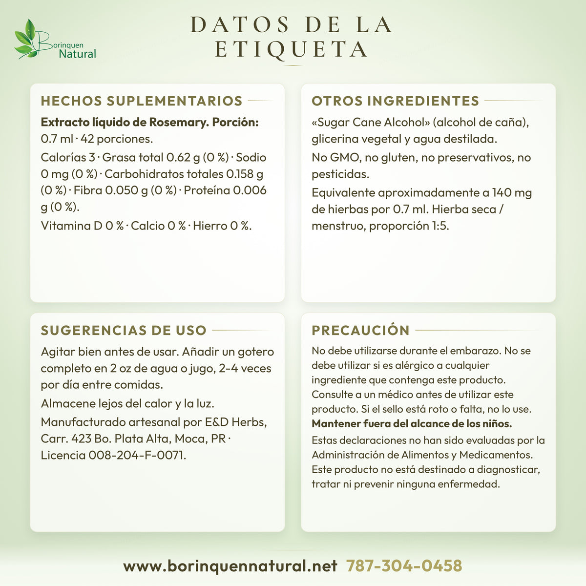 Datos de la etiqueta del extracto líquido de romero E&D Herbs: hechos suplementarios, otros ingredientes, sugerencias de uso y precaución