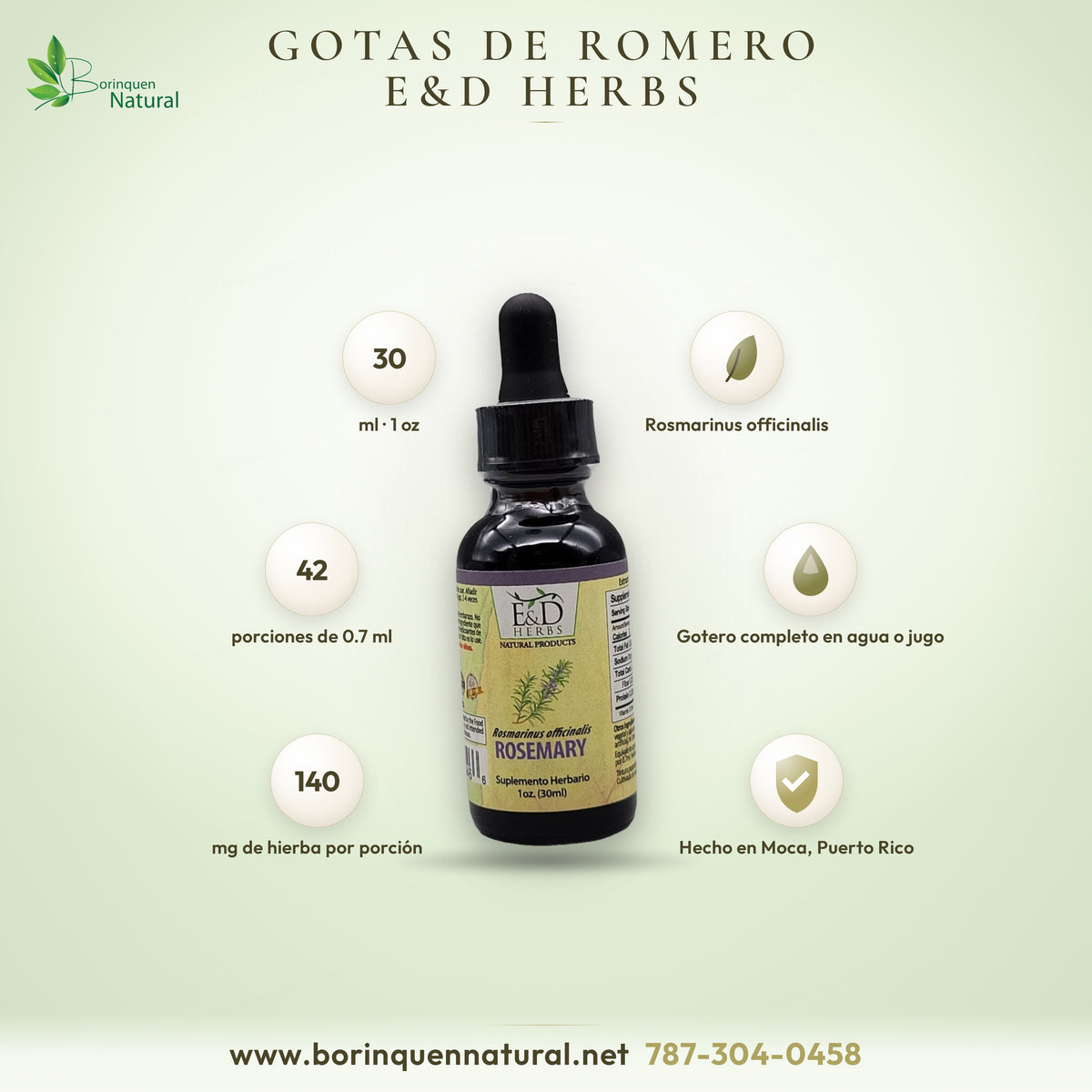Extracto líquido de romero (Rosmarinus officinalis) de E&D Herbs, suplemento herbario de Moca, Puerto Rico, frasco gotero de 1 oz (30 ml)