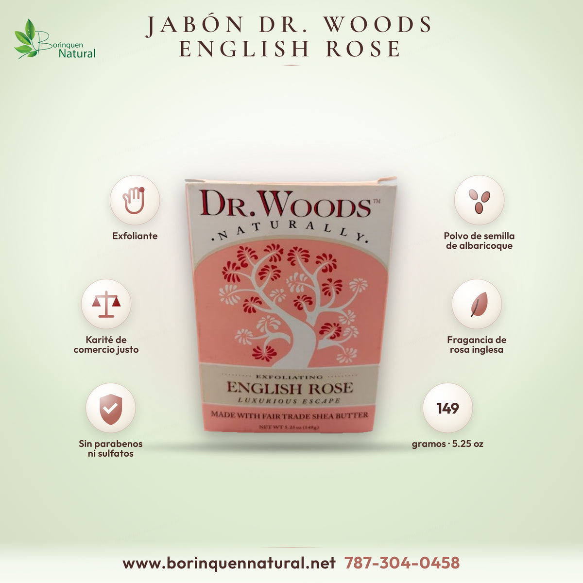 Jabón exfoliante Dr. Woods English Rose con polvo de semilla de albaricoque y karité de comercio justo, barra de 5.25 oz