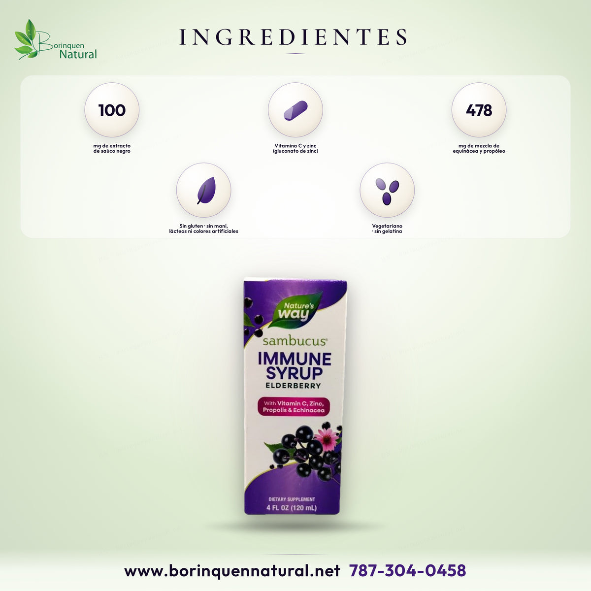 Ingredientes de Sambucus Immune Syrup: extracto de saúco negro, vitamina C, zinc, equinácea y propóleo