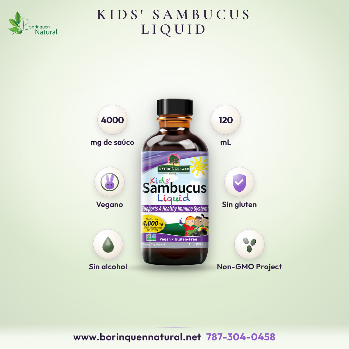 Kids' Sambucus Liquid de Nature's Answer, saúco negro líquido para niños hecho de 4,000 mg de bayas por porción, vegano y sin gluten, 4 onzas (120 mL)