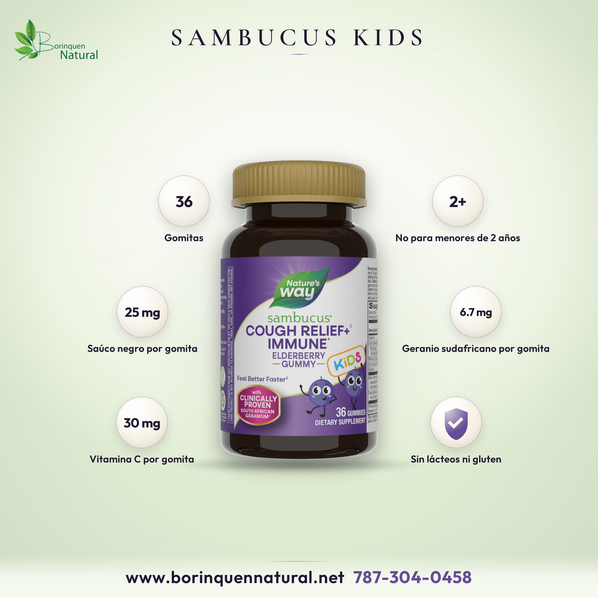 Sambucus Kids Cough Relief + Immune de Nature's Way: gomitas de saúco, geranio sudafricano, vitamina C y zinc