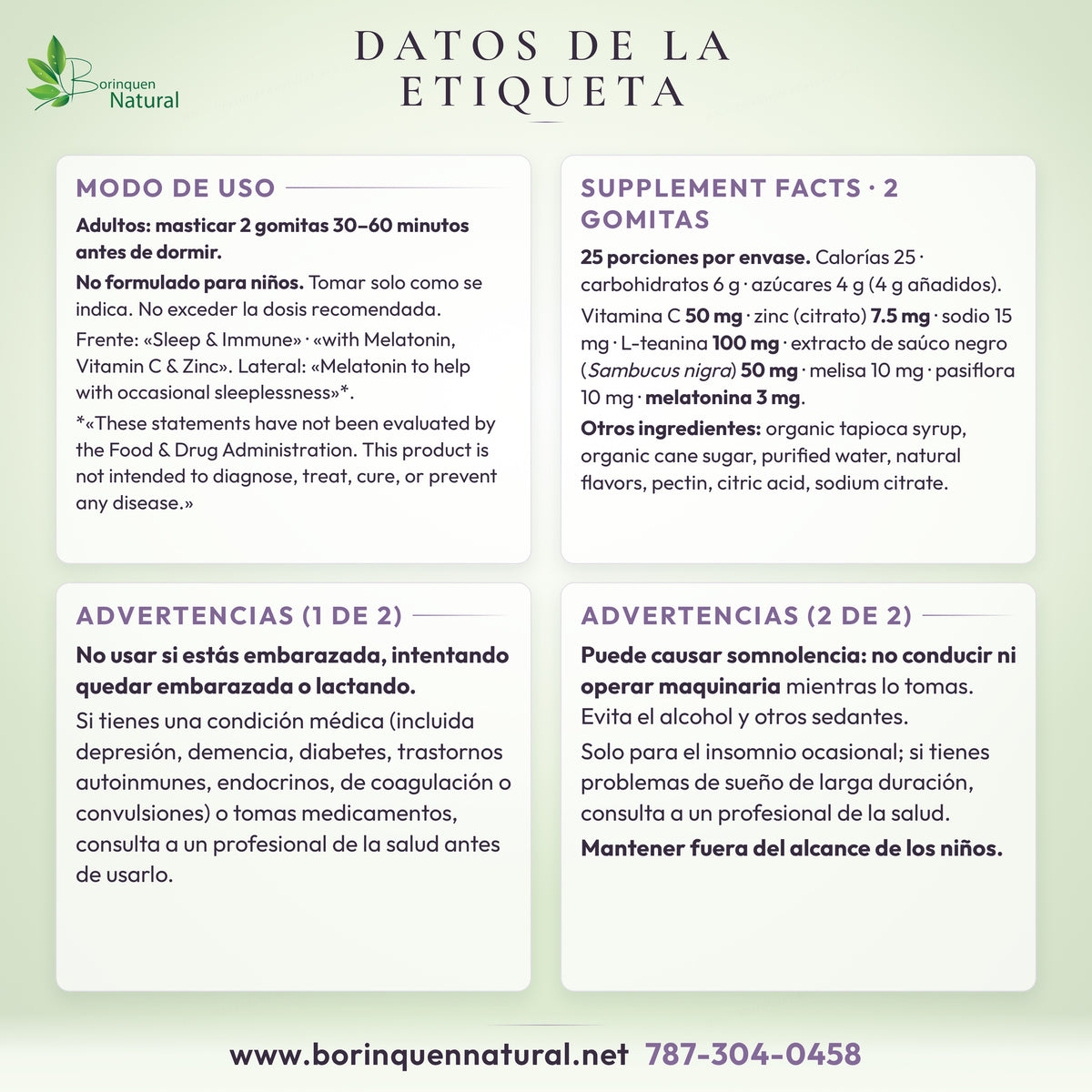Datos de la etiqueta de Sambucus Sleep & Immune de Nature's Way: modo de uso, Supplement Facts y advertencias