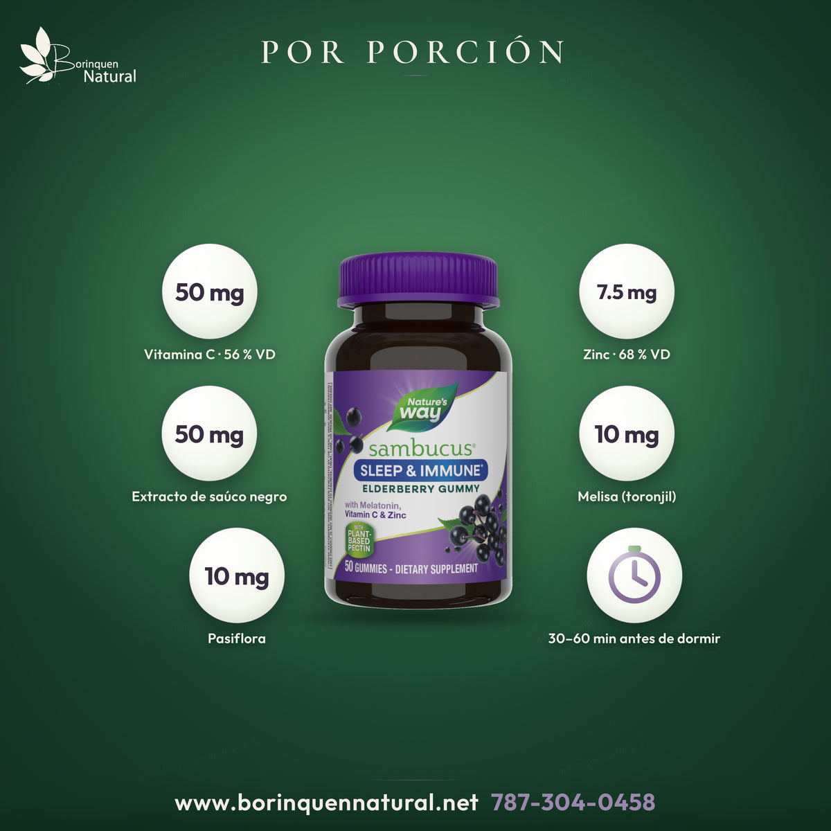 Supplement Facts de Sambucus Sleep & Immune por 2 gomitas: vitamina C, zinc, L-teanina, saúco, melisa, pasiflora y melatonina