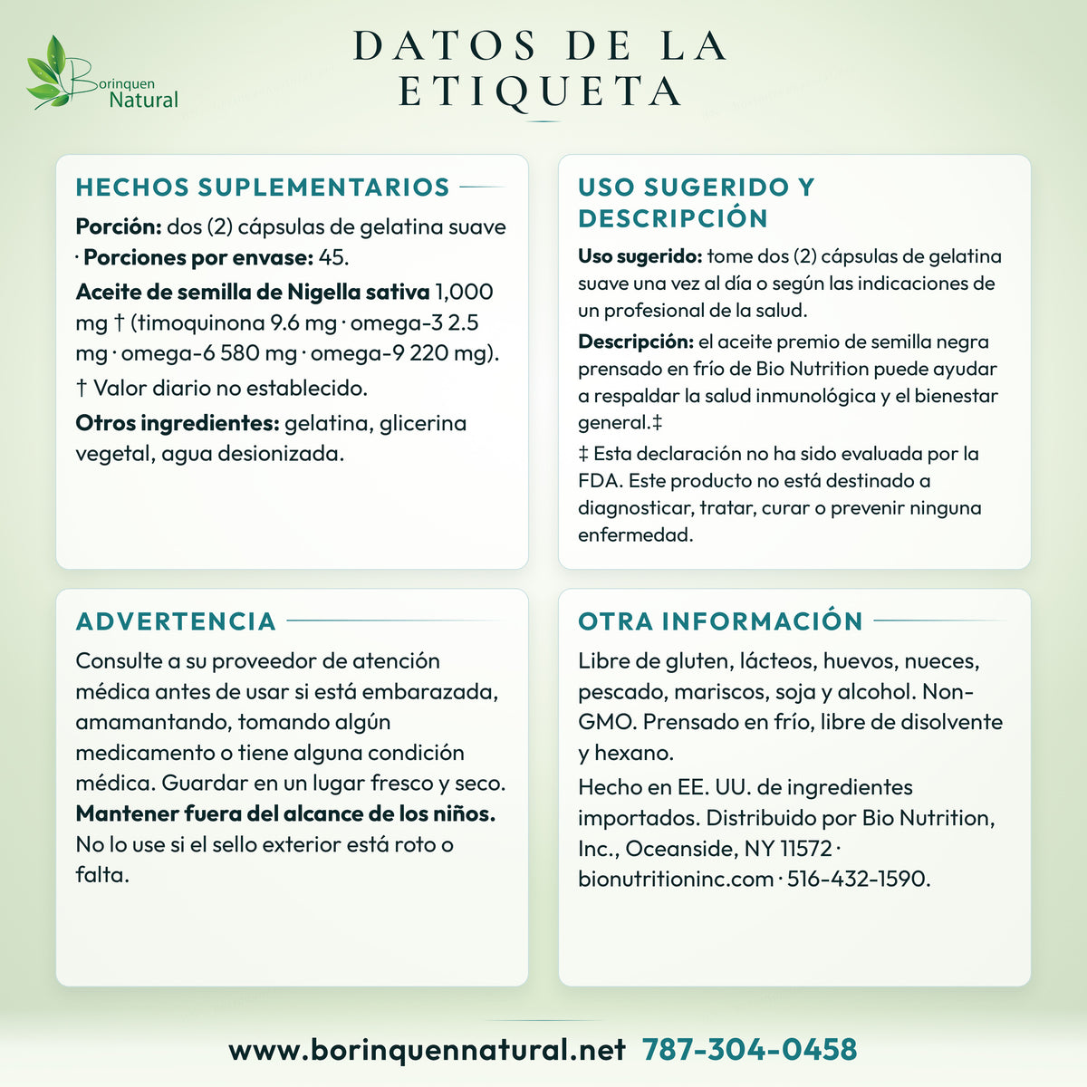 Datos de la etiqueta del aceite de semilla negra Bio Nutrition: hechos suplementarios, uso, advertencia y alérgenos