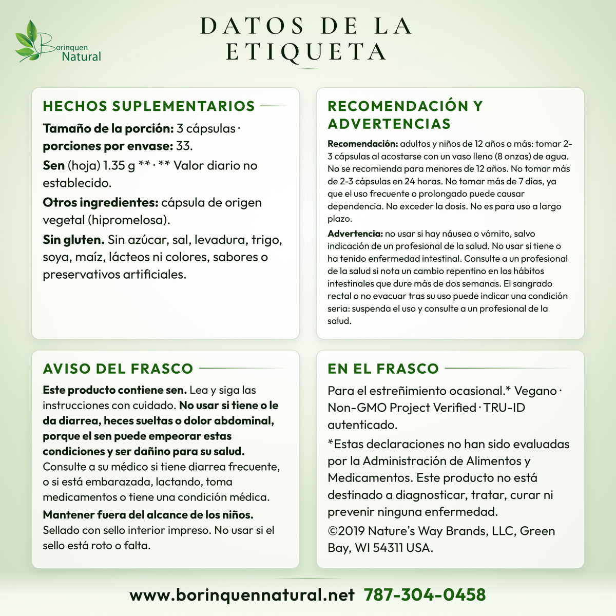 Datos de la etiqueta del Senna de Nature's Way: hechos suplementarios, recomendación, advertencias, aviso sobre el sen y lo que dice el frasco