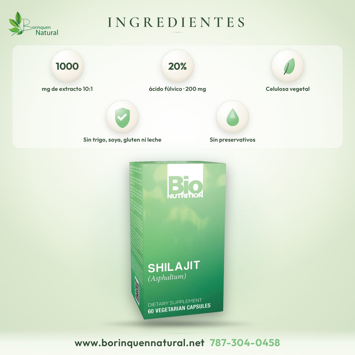 Ingredientes del Shilajit de Bio Nutrition: 1,000 mg de extracto de shilajit 10:1 (Asphaltum) con 20 % de ácido fúlvico y cápsula de celulosa vegetal