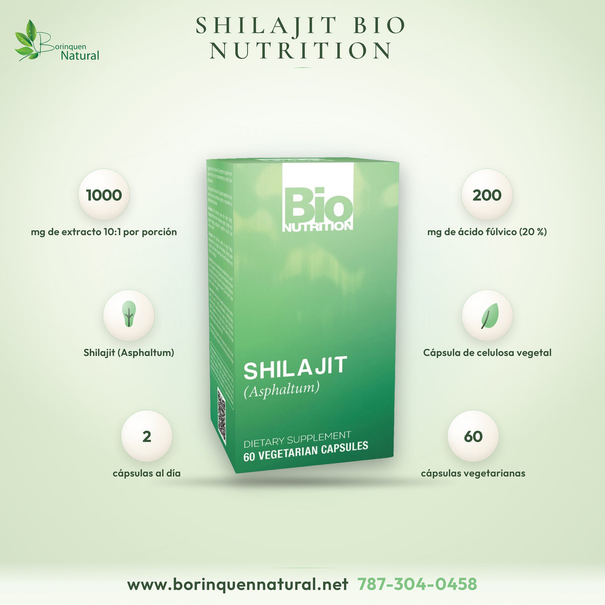 Shilajit (Asphaltum) de Bio Nutrition, extracto 10:1 con 20 % de ácido fúlvico, caja de 60 cápsulas vegetarianas