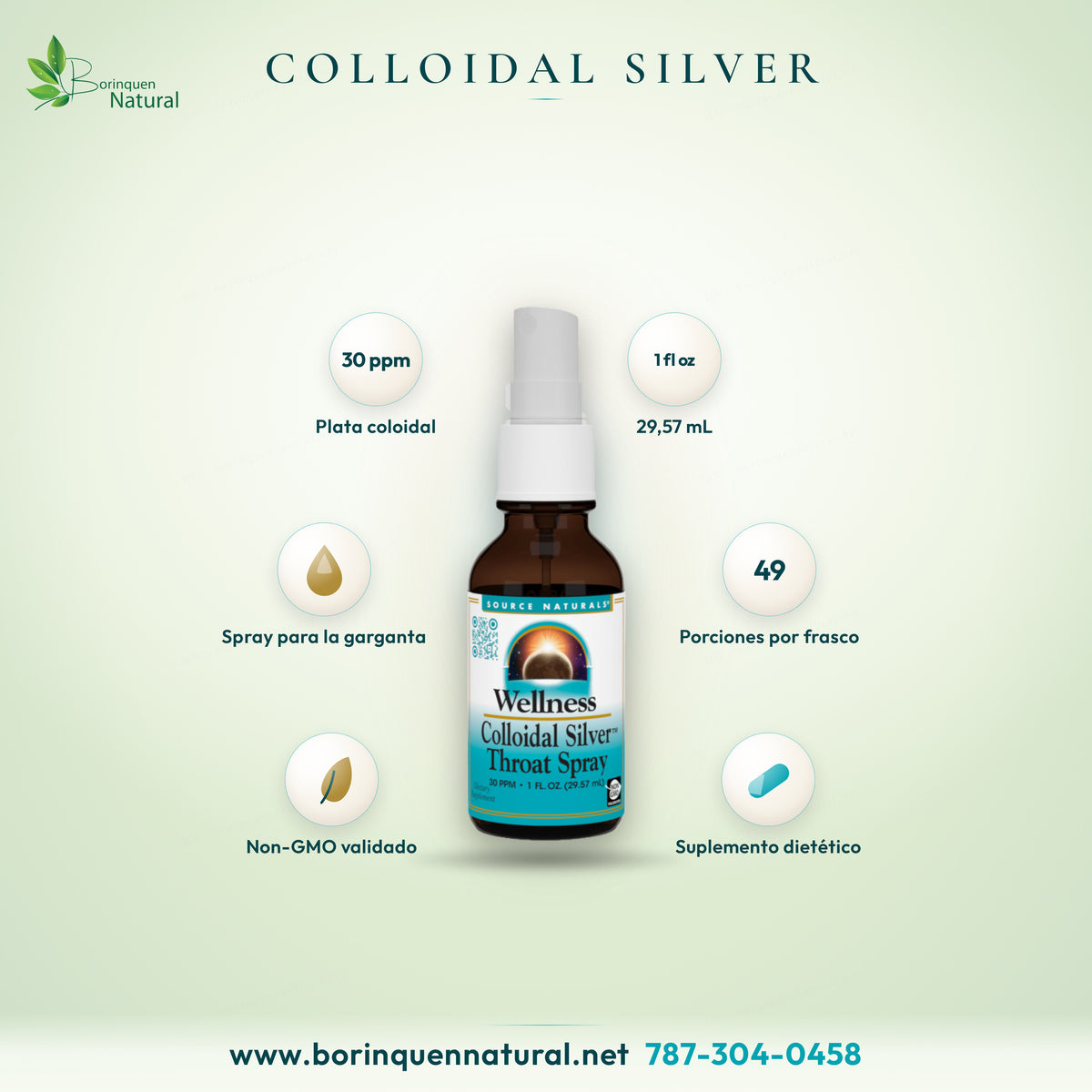 Wellness Colloidal Silver Throat Spray de Source Naturals, plata coloidal 30 ppm en spray para la garganta, frasco de 1 fl oz