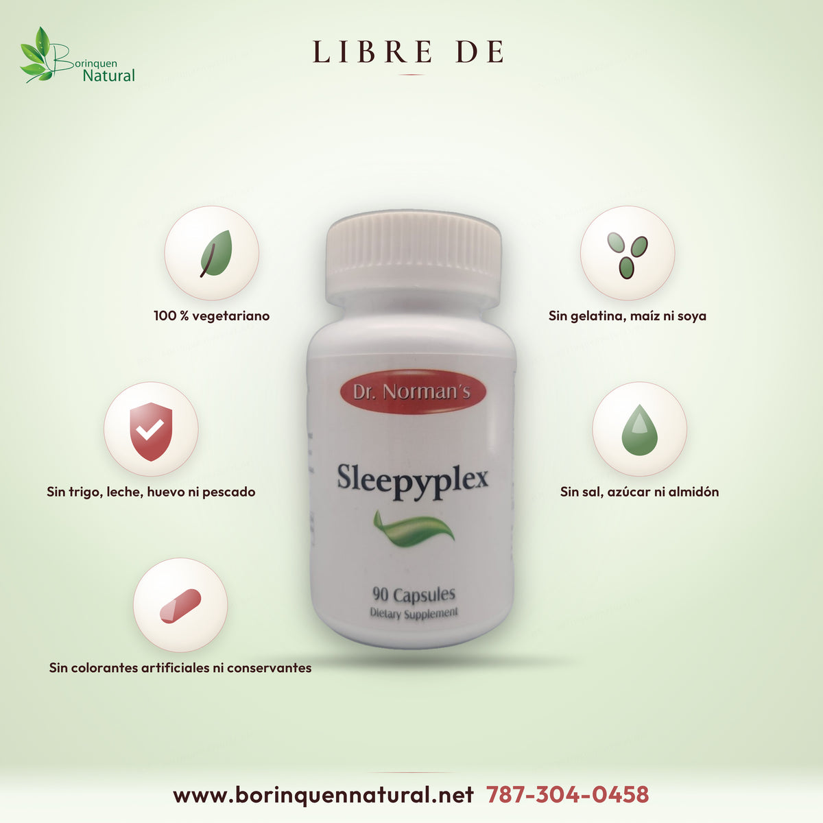 Sleepyplex de Dr. Norman's: 100 % vegetariano, sin gelatina, maíz, soya, sal, trigo, leche, huevo, pescado ni azúcar