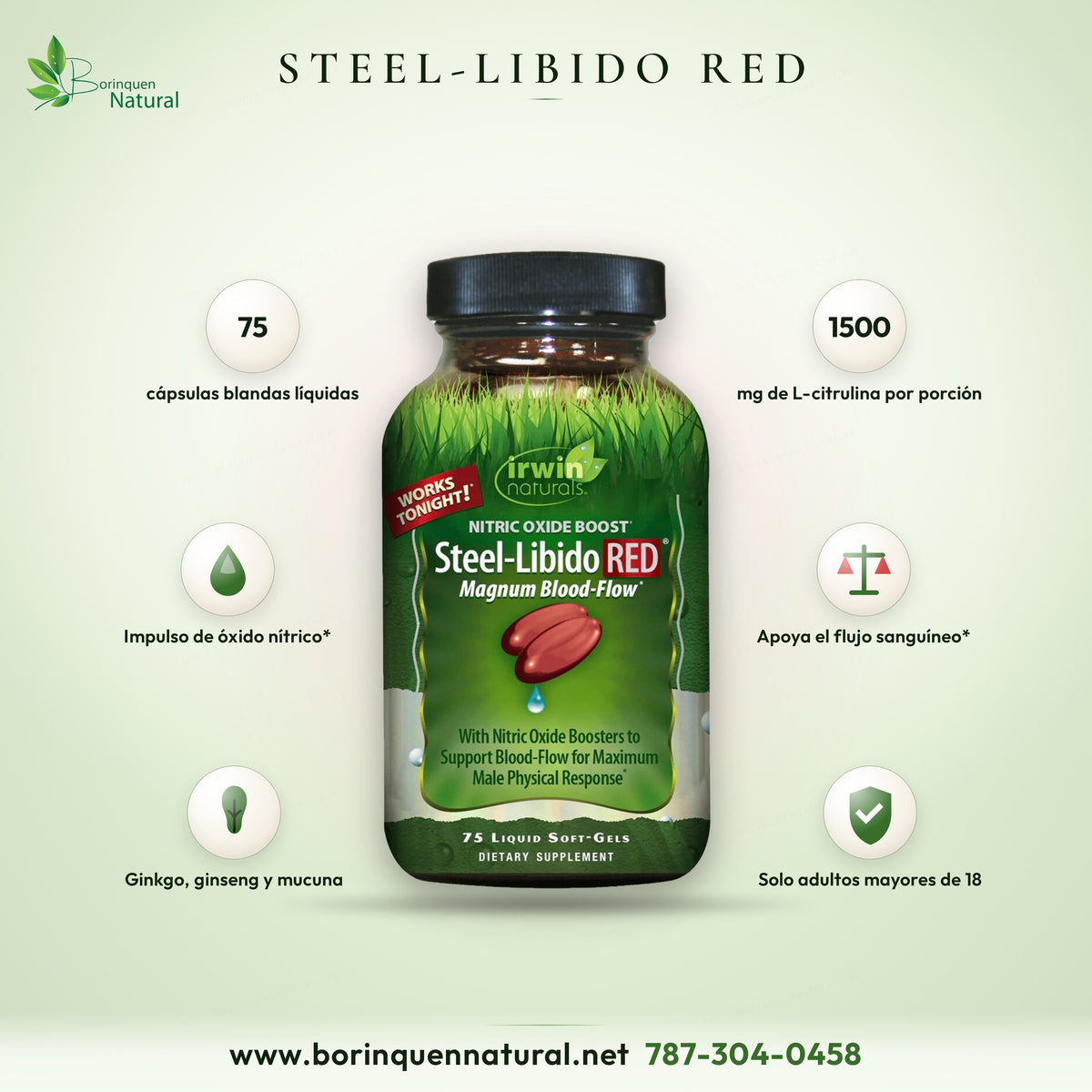 Steel-Libido RED de Irwin Naturals con L-citrulina, suplemento para hombres de 75 cápsulas blandas líquidas
