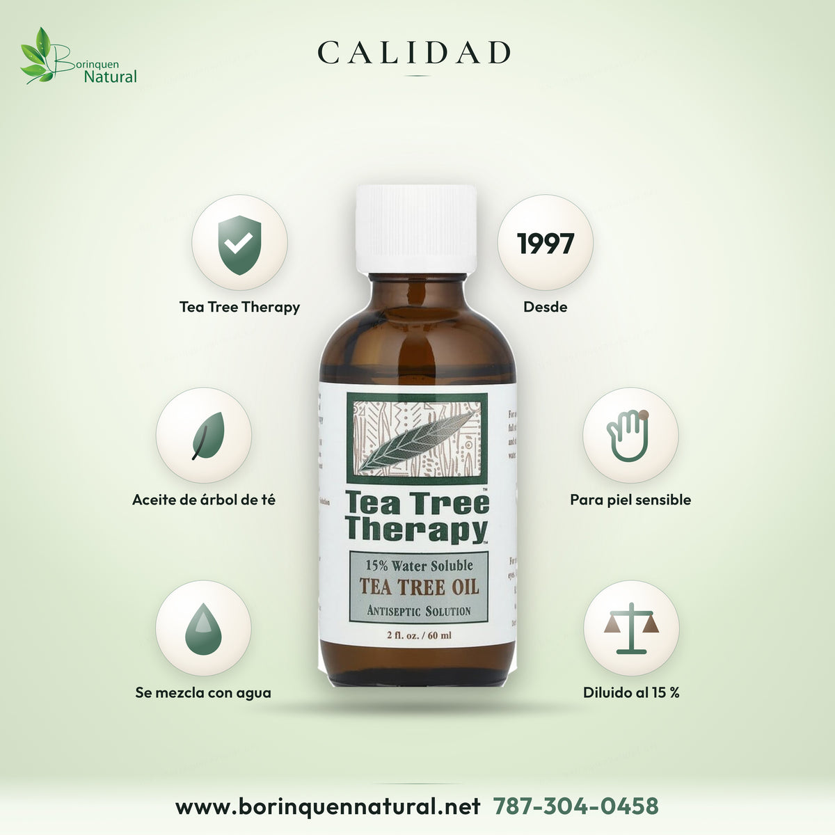 Aceite de árbol de té de Tea Tree Therapy, marca fundada en 1997, presentación hidrosoluble al 15 % para piel sensible