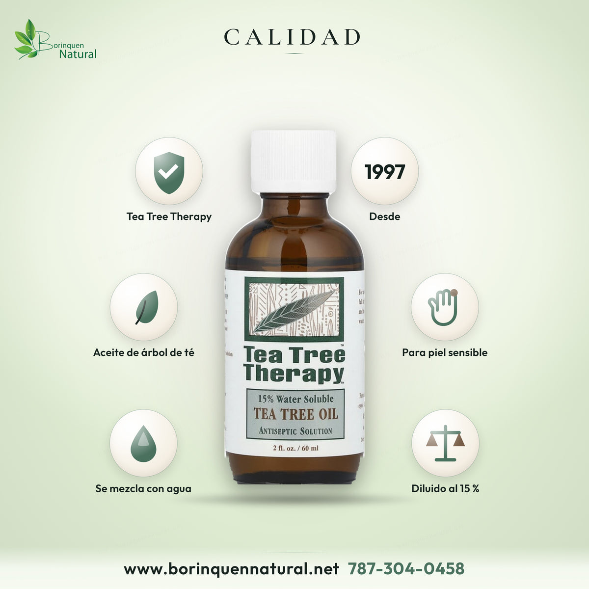 Aceite de árbol de té de Tea Tree Therapy, marca fundada en 1997, presentación hidrosoluble al 15 % para piel sensible