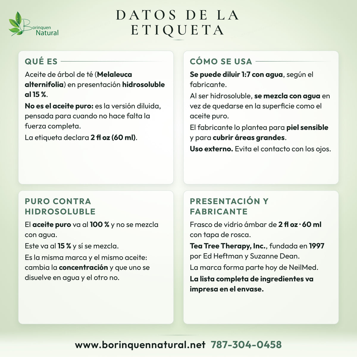 Datos del aceite de árbol de té hidrosoluble: qué es, cómo se usa y presentación