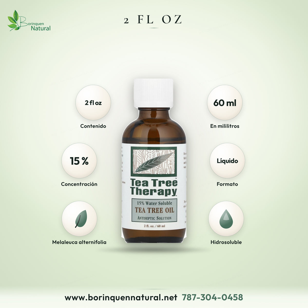 Formato del aceite de árbol de té hidrosoluble: frasco de 2 fl oz, 60 ml, al 15 % de concentración
