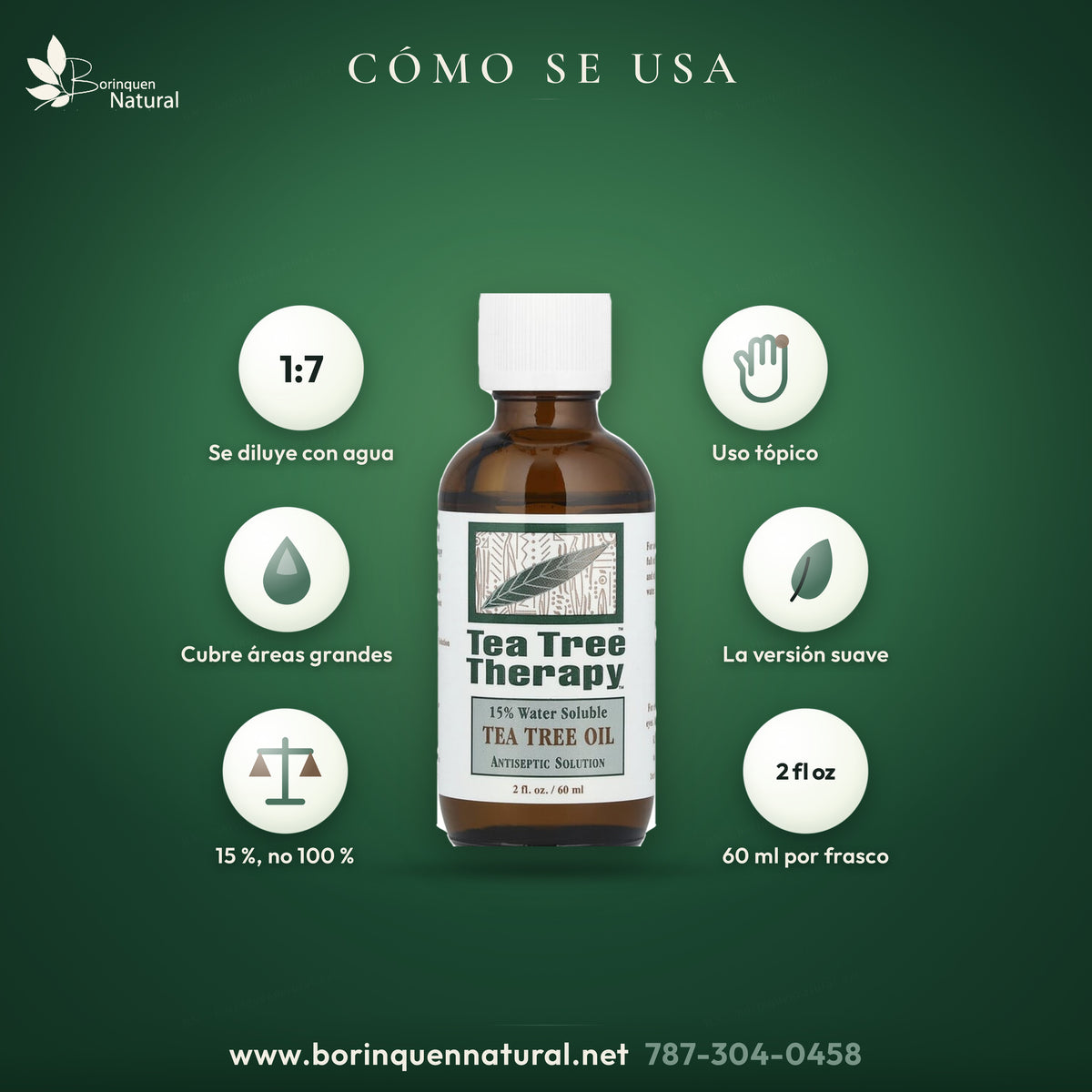 Modo de uso del aceite de árbol de té hidrosoluble: se diluye 1 a 7 con agua y es de uso tópico sobre la piel