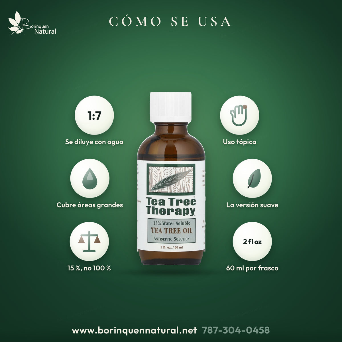 Modo de uso del aceite de árbol de té hidrosoluble: se diluye 1 a 7 con agua y es de uso tópico sobre la piel